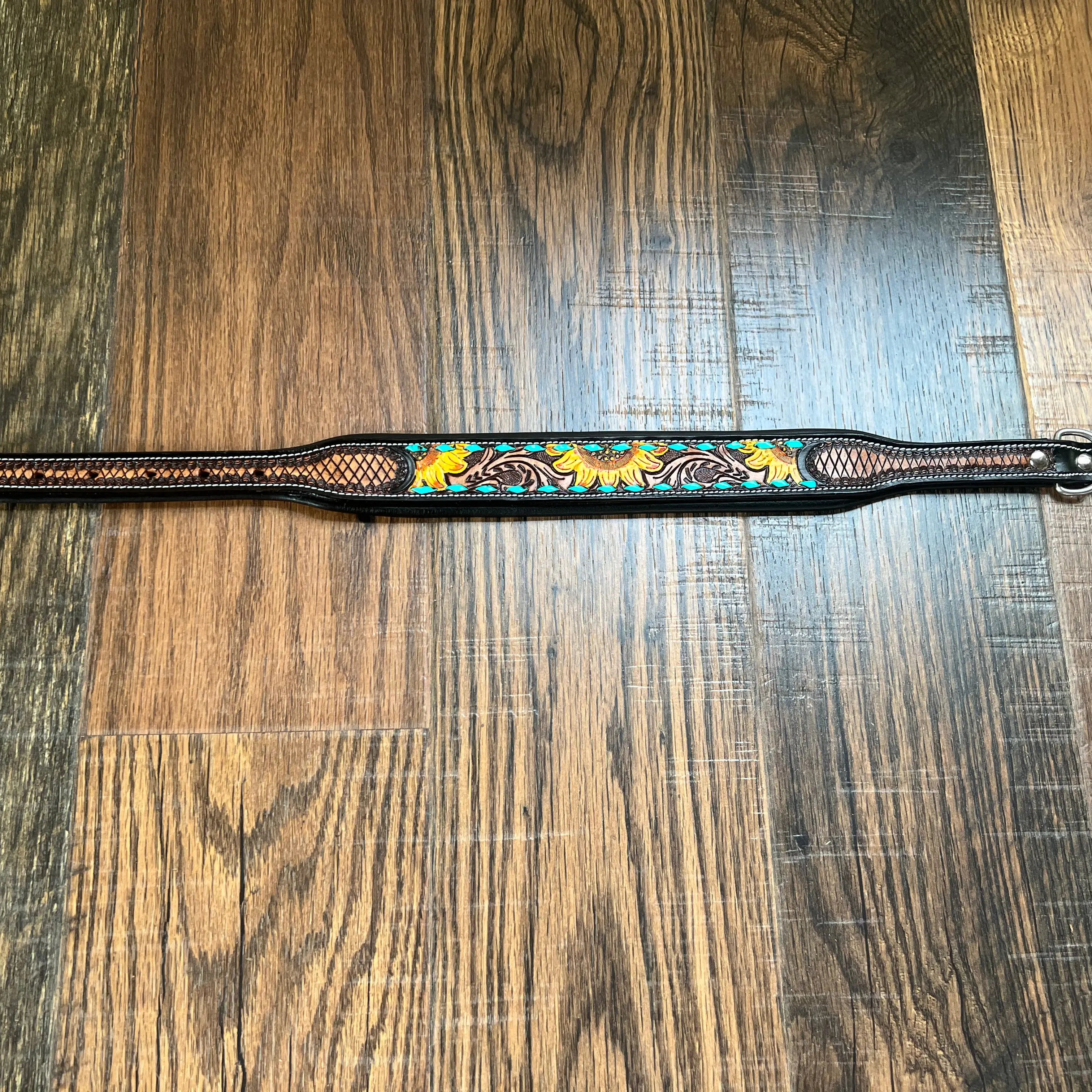 Handcrafted Padded Leather Tooled Dog Collar Sunflower with Teal Stitching Dog