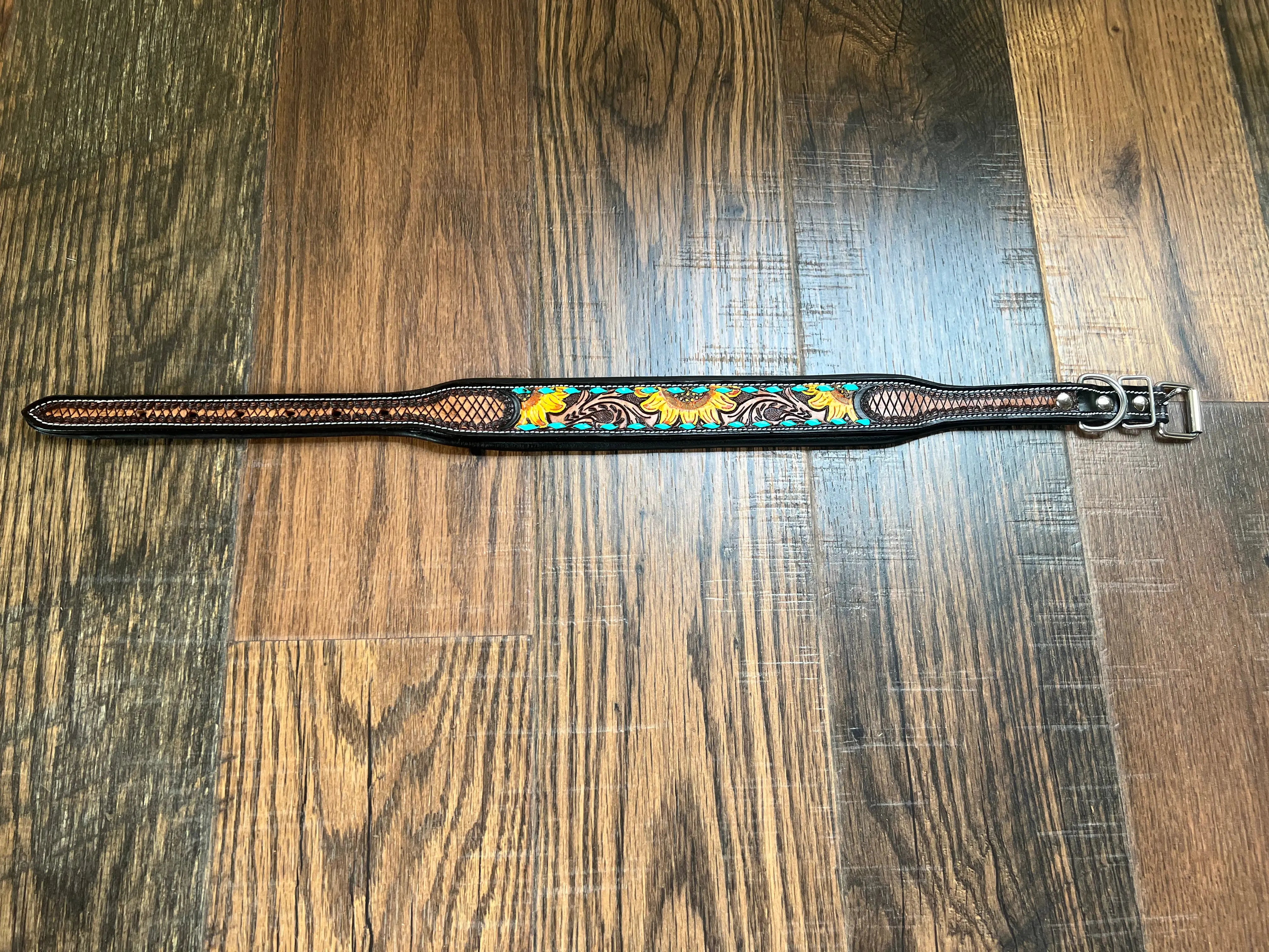 Handcrafted Padded Leather Tooled Dog Collar Sunflower with Teal Stitching Dog