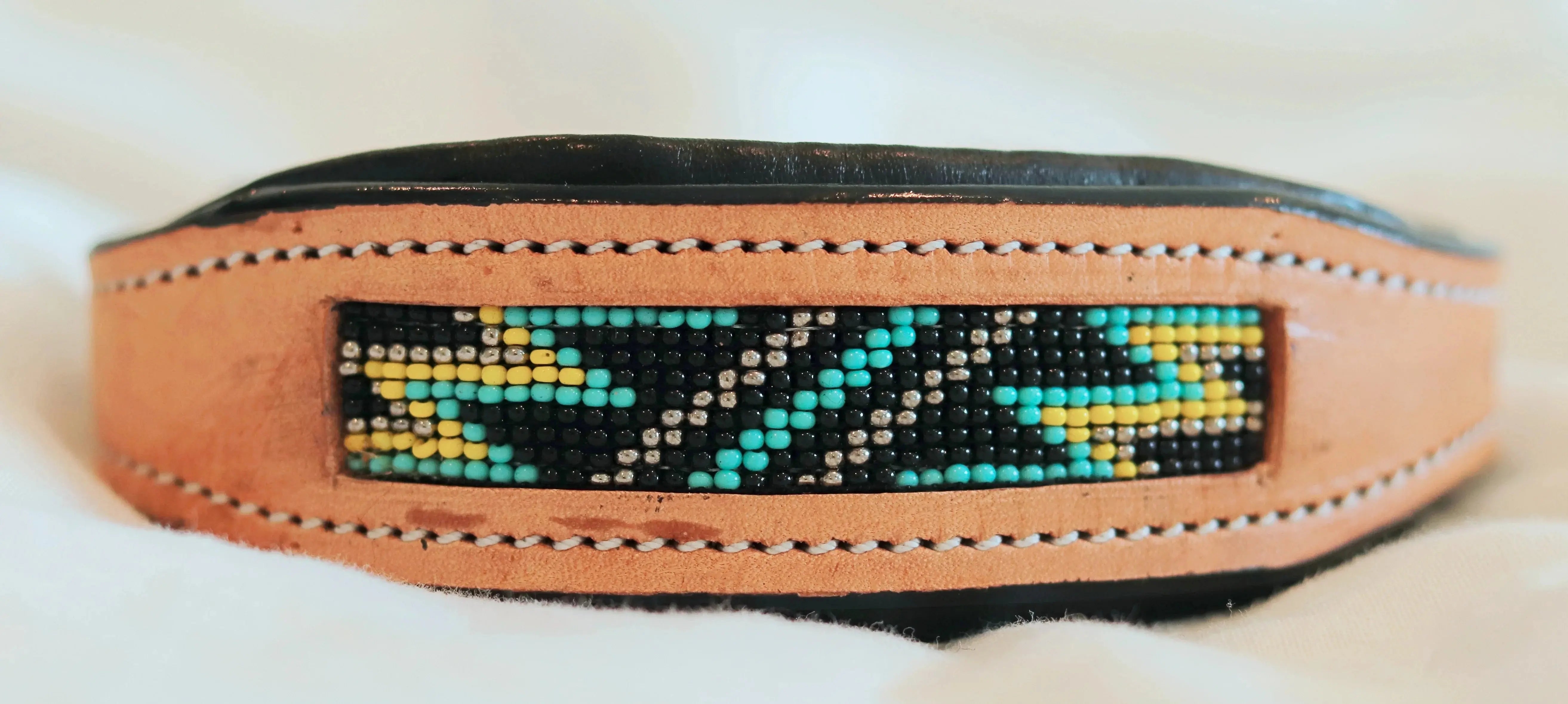 Handcrafted Padded Leather Tooled Dog Collar with Yellow, Blue Beading Dog