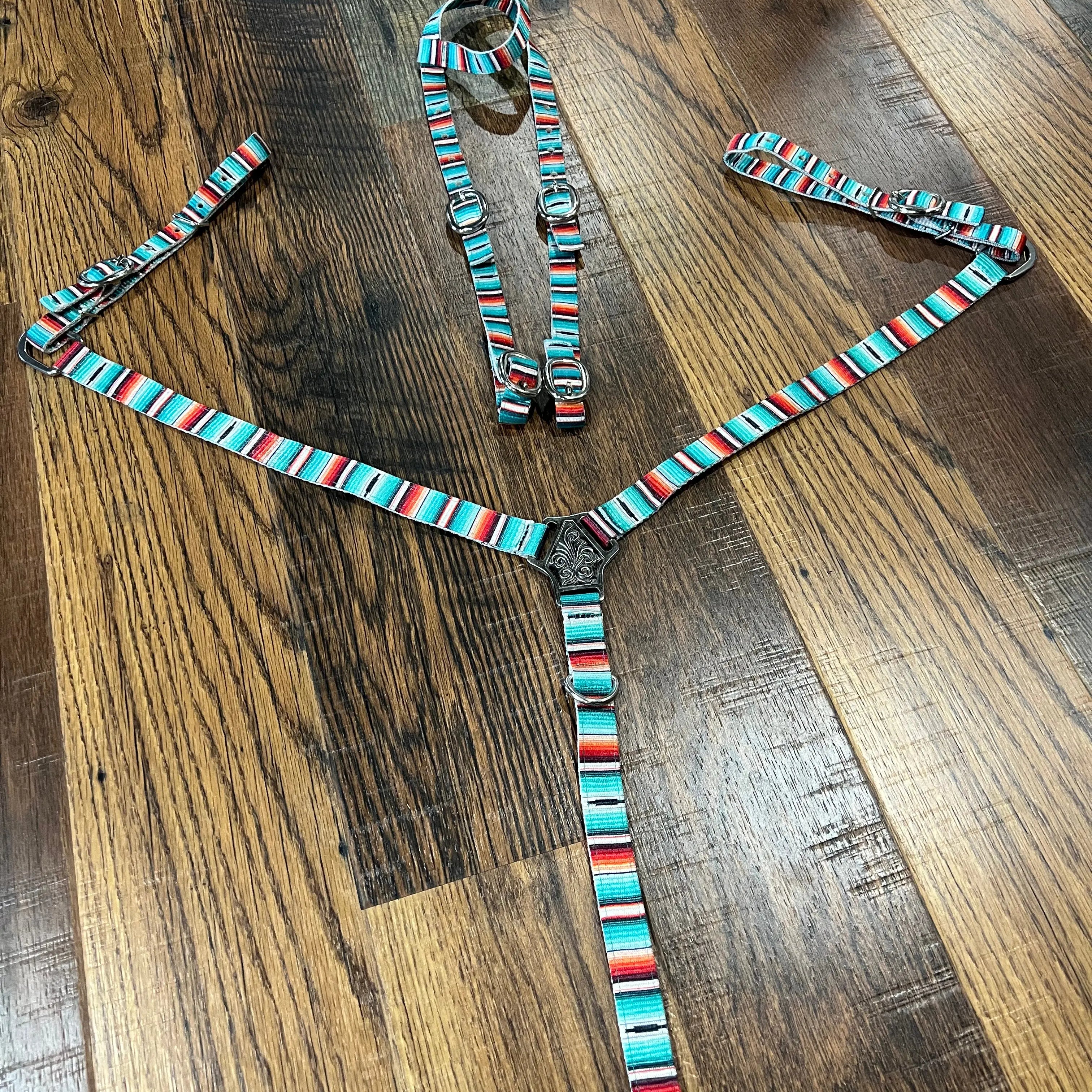 Nylon Teal Serape Southwest Print One Ear Headstall and Breastcollar Set Horse Size Horse Tack