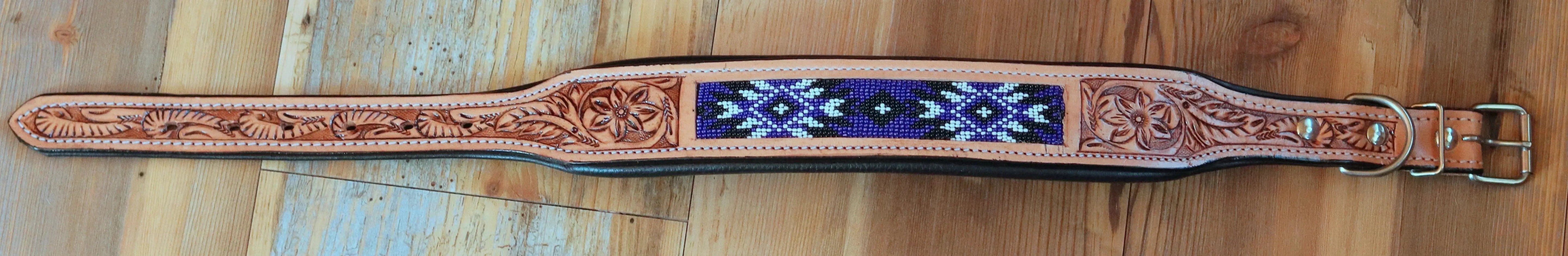 Handcrafted Padded Leather Tooled Dog Collar with Purple and Black Beading Dog
