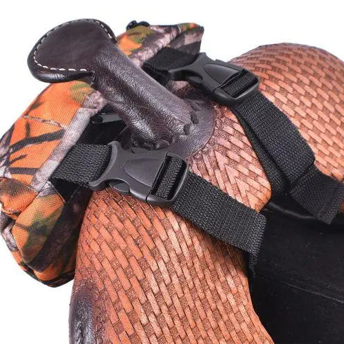 Showman insulated nylon saddle pouch with camouflage saddle, brown straps, black buckles