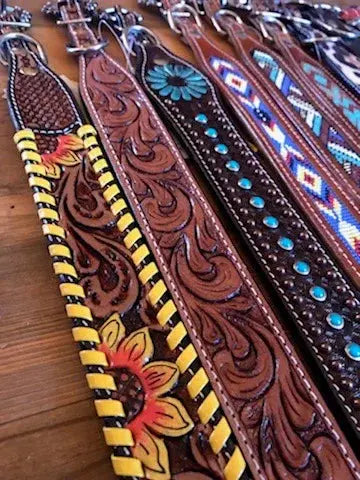 Brown leather horse reins with floral tooling, turquoise studs in Dog Collars