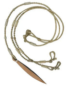 Tan leather knife with braided cord handle on romal reins