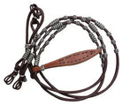Brown leather horse halter with braided gray brown rope straps