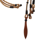 Brown leather Romal reins lanyard with braided tan rope, black rawhide accents