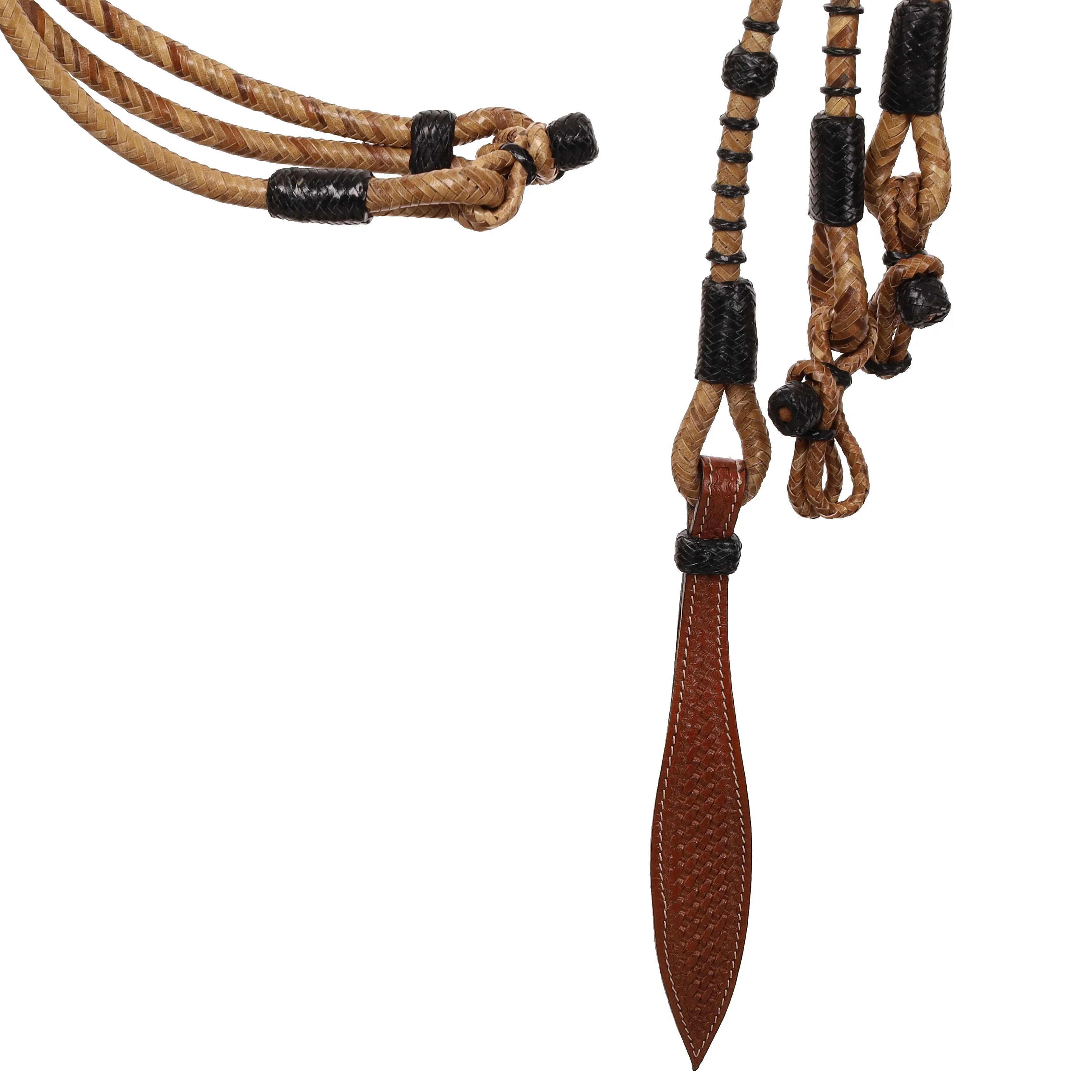 Brown leather Romal reins lanyard with braided tan rope, black rawhide accents
