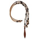 Brown leather lariat in Romal Reins with Black Rawhide, braided rope, black beads
