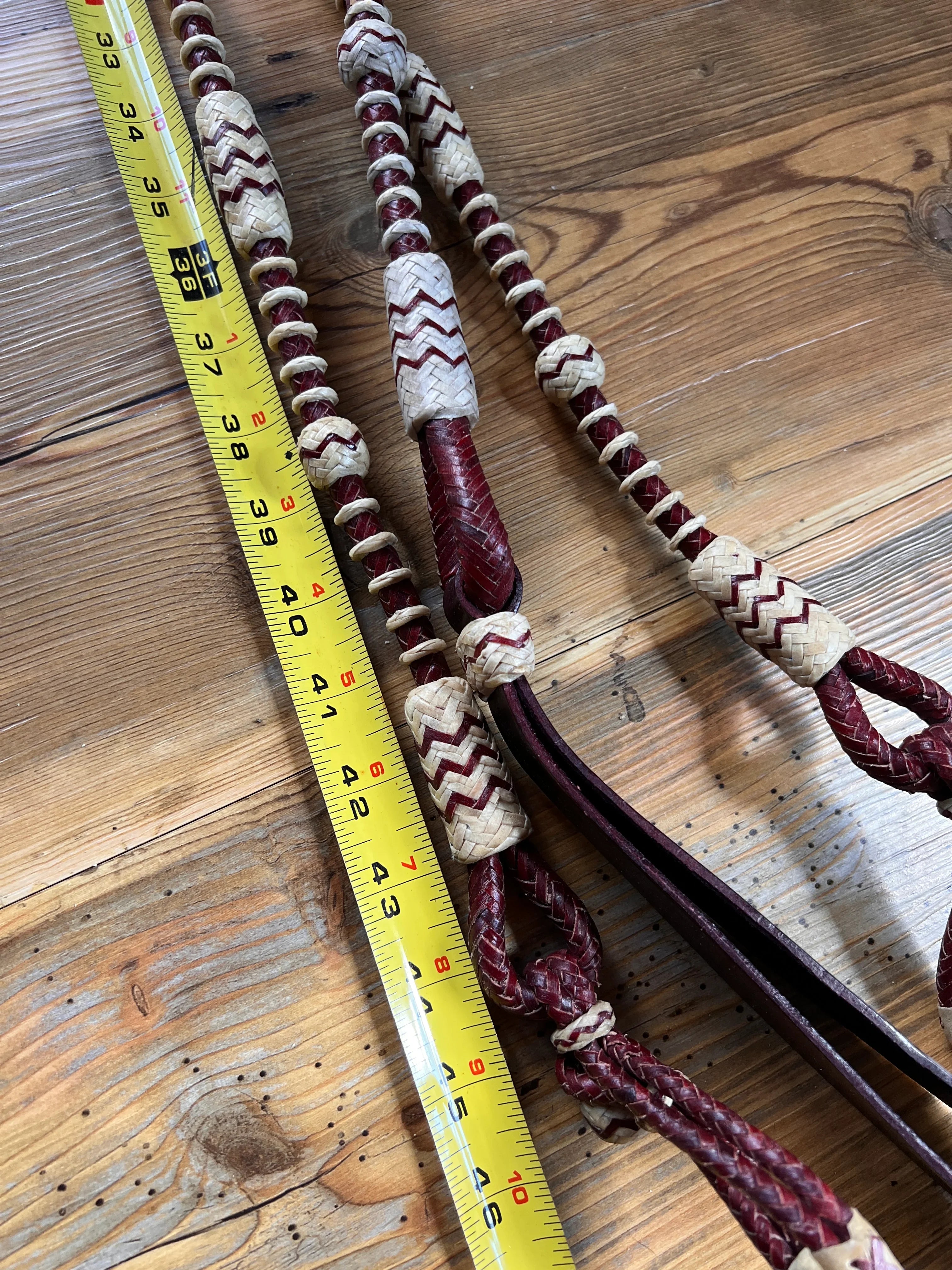 Maroon cream braided leather Romal reins with chevron beads 55in