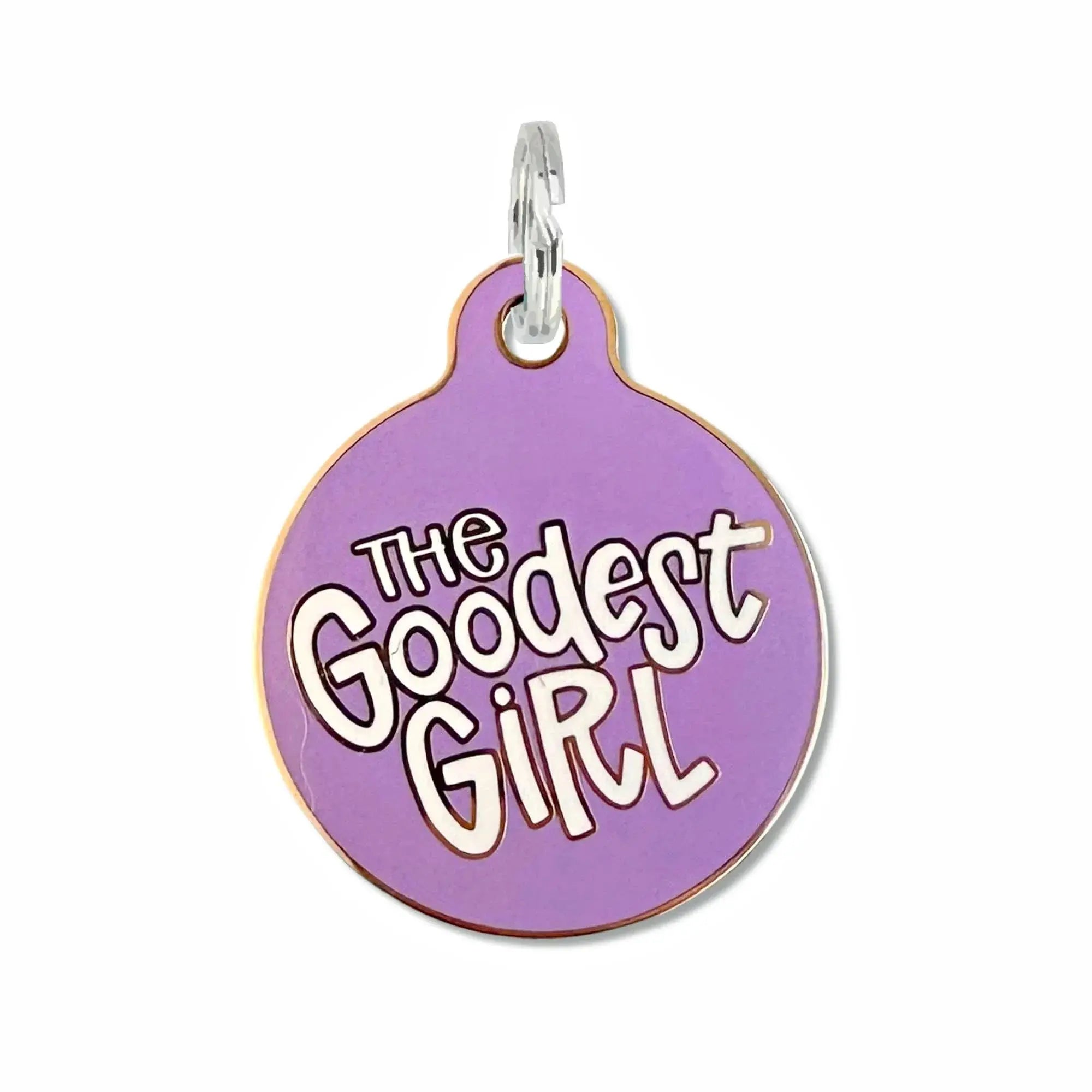 The Goodest Girl - Dog Tag Collar Charm or Pet ID Tag Purple Engraved QR Code Small 1" Dog