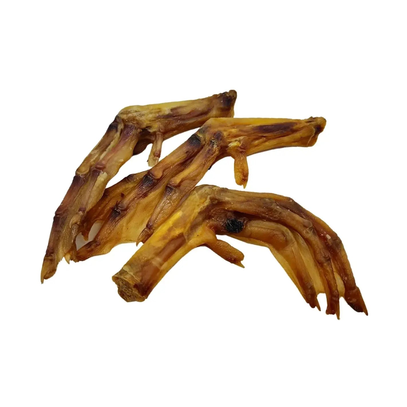 Natural dehydrated duck feet dog treats, high-protein chew for pets, isolated on white background