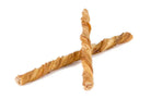 Two golden-brown twisted 10” Tripe Twist breadsticks crossed together