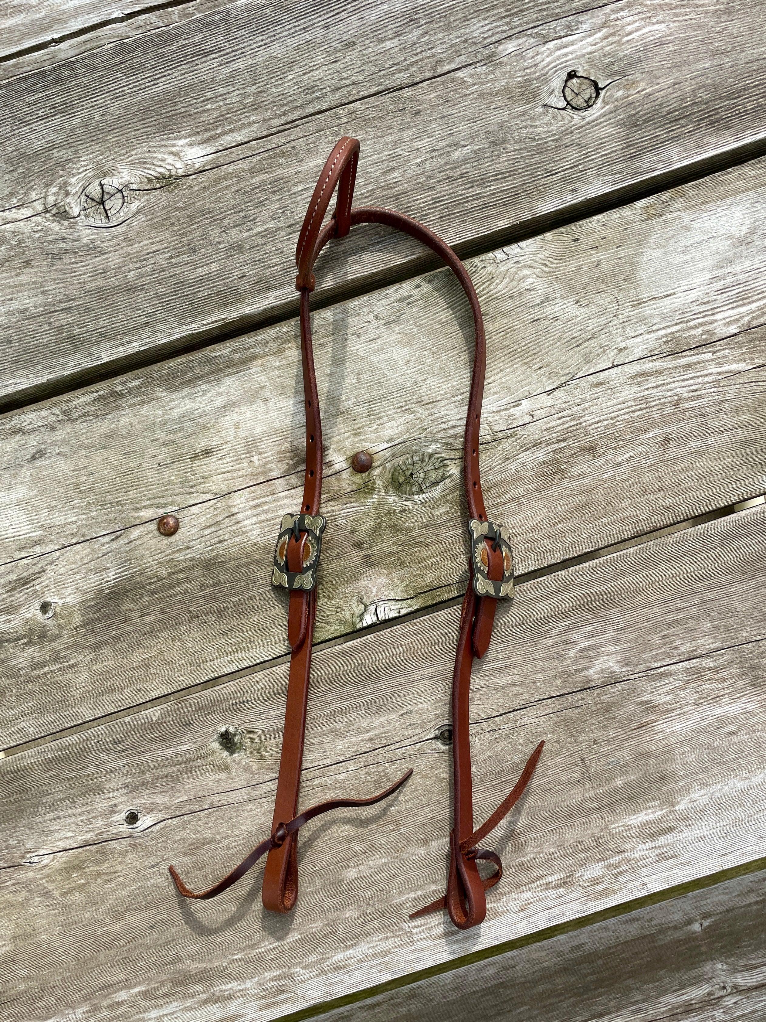 Oiled Harness Single Ear Headstall With Antique Sunflower Buckle Horse