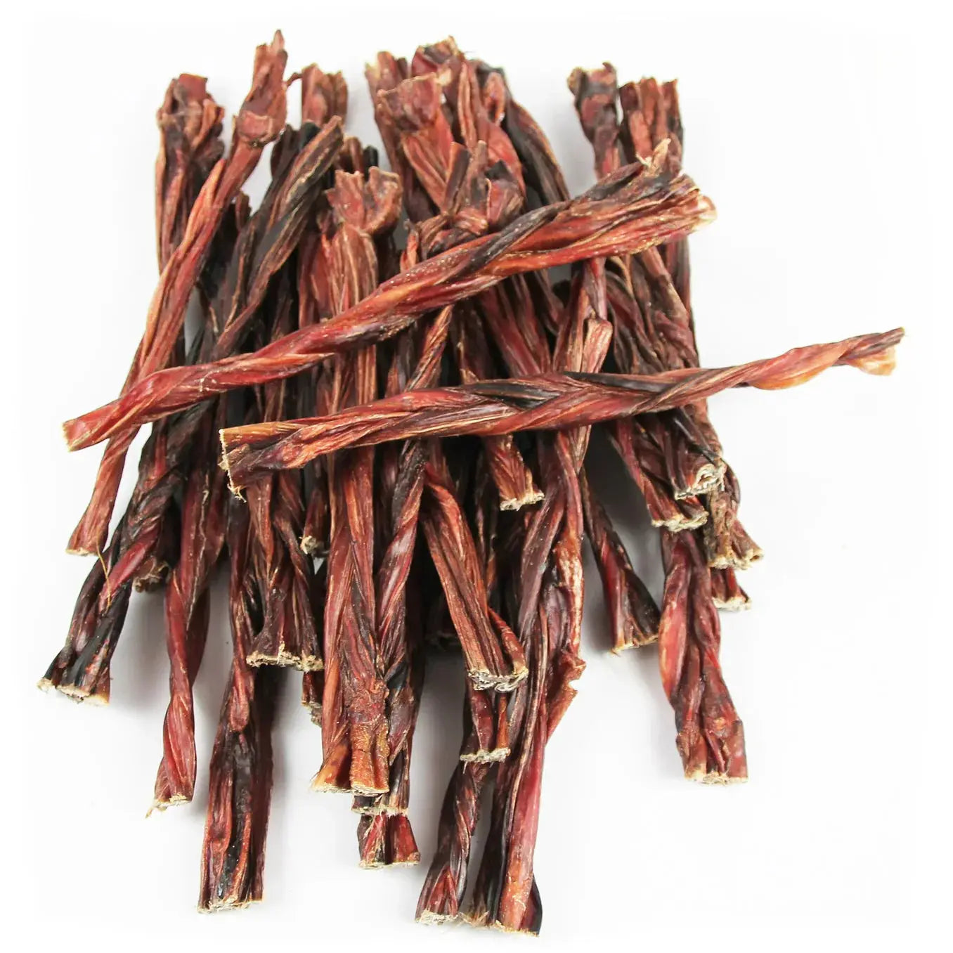 12-inch standard braided mini bull sticks, twisted dark reddish-brown dried beef treats piled together