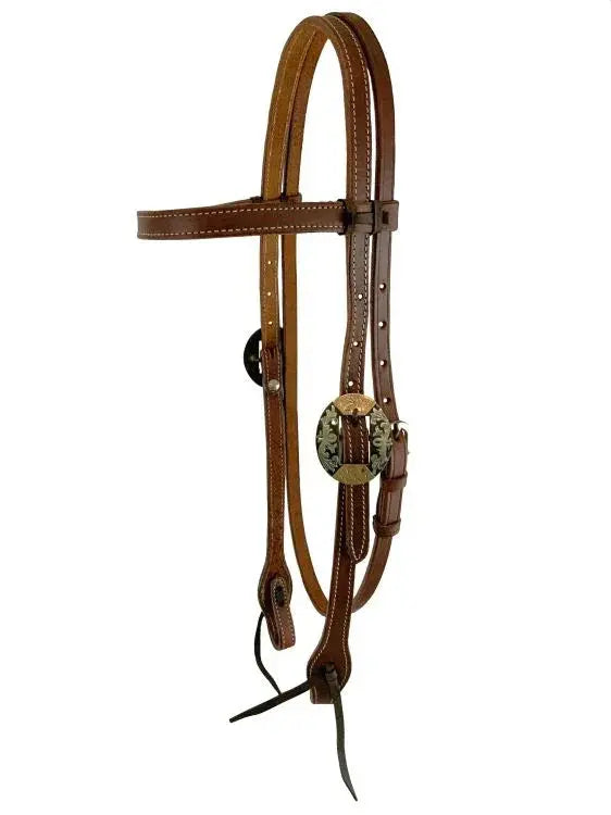Argentina Cow Leather Browband Headstall With Round Engraved Overlay Buckles Horse