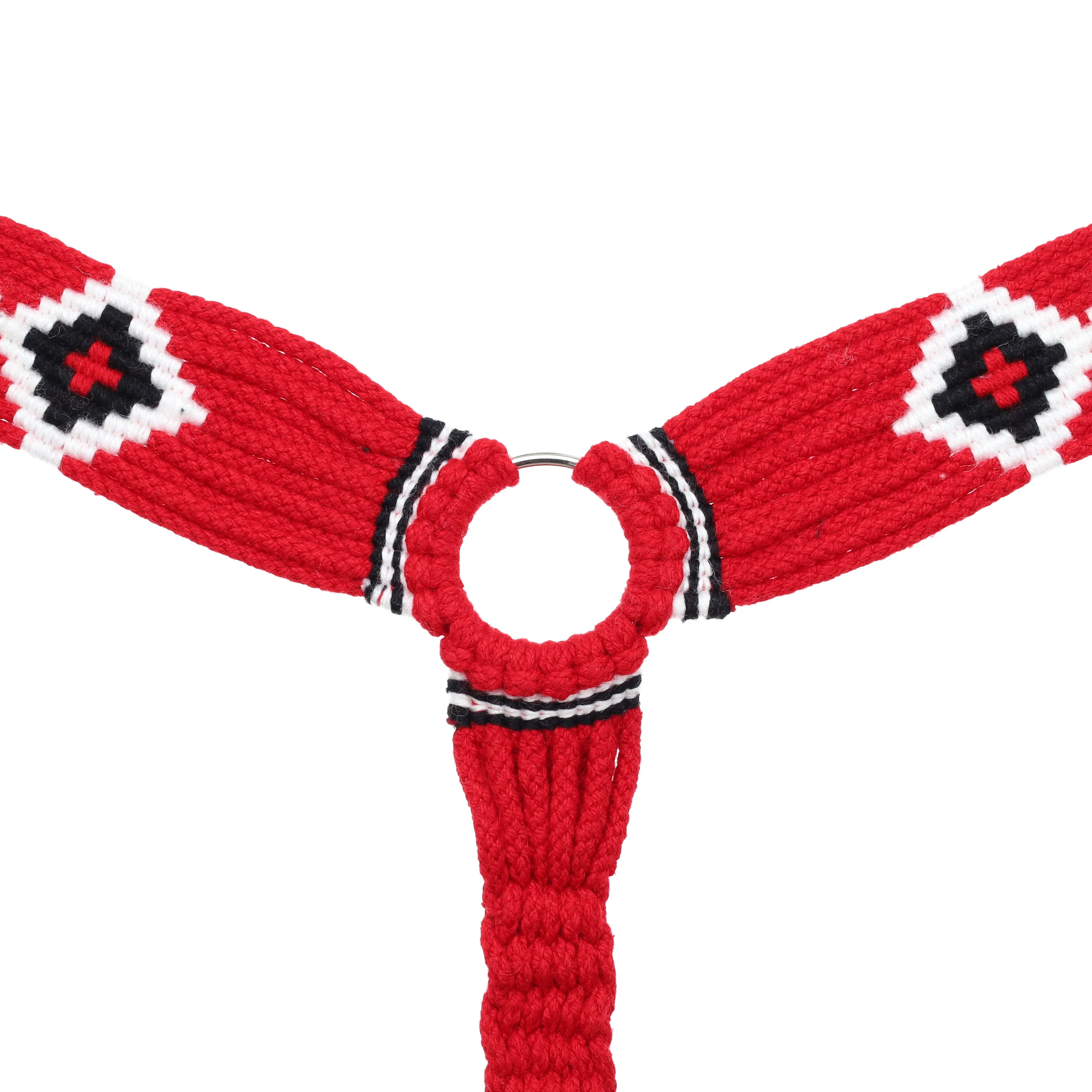 Red braided rope halter with black white geometric patterns on Scarlet Mohair Breastcollar