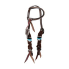 Teal pony size one ear headstall with brown leather, silver conchos, turquoise braids