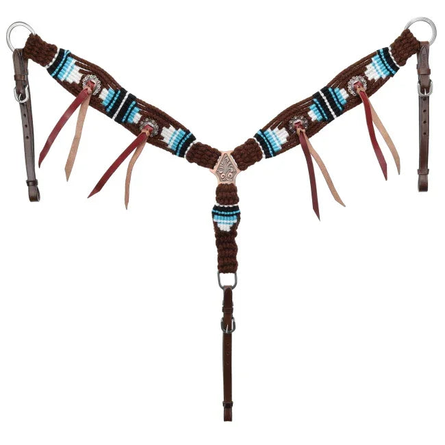 Teal pony hollow mohair one ear headstall with brown beaded halter