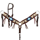 Brown cream beaded horse halter with turquoise navy geometric patterns High Desert Mohair set