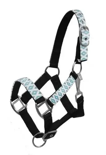 PONY Halter with brown and teal Navajo diamond print overlay Horse