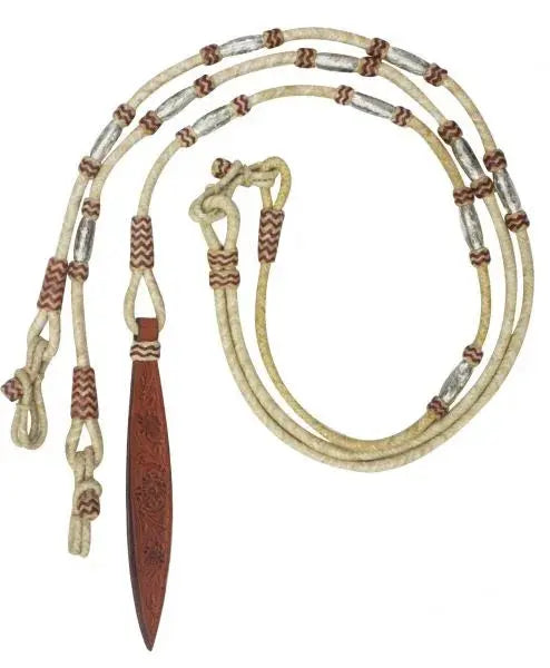 Tan leather lasso with engraved wood handle, silver beads, floral tooled popper
