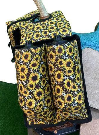 Yellow black sunflower saddle bag with braided rope handle on cheetah print horn bag