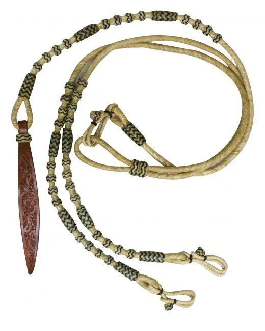 Tan dark green braided lasso with floral tooled brown leather handle