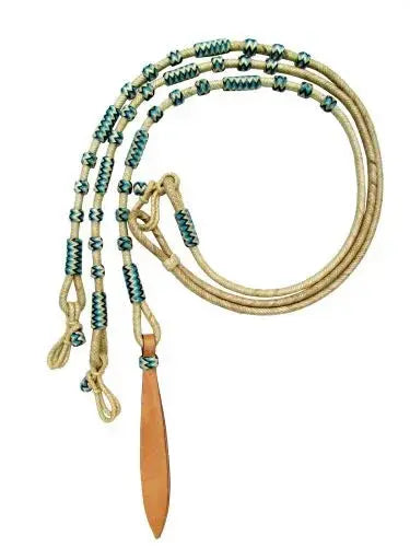Beige braided leather lasso romal reins with teal beads and tan tip