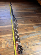 Black and beige beaded lanyard on 10-plait hand-braided romal reins 55 inches