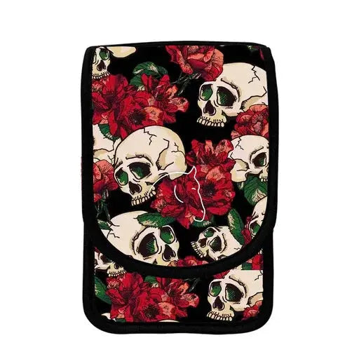 Skull and roses dog poop bag holder pouch with black trim, floral gothic pet accessory