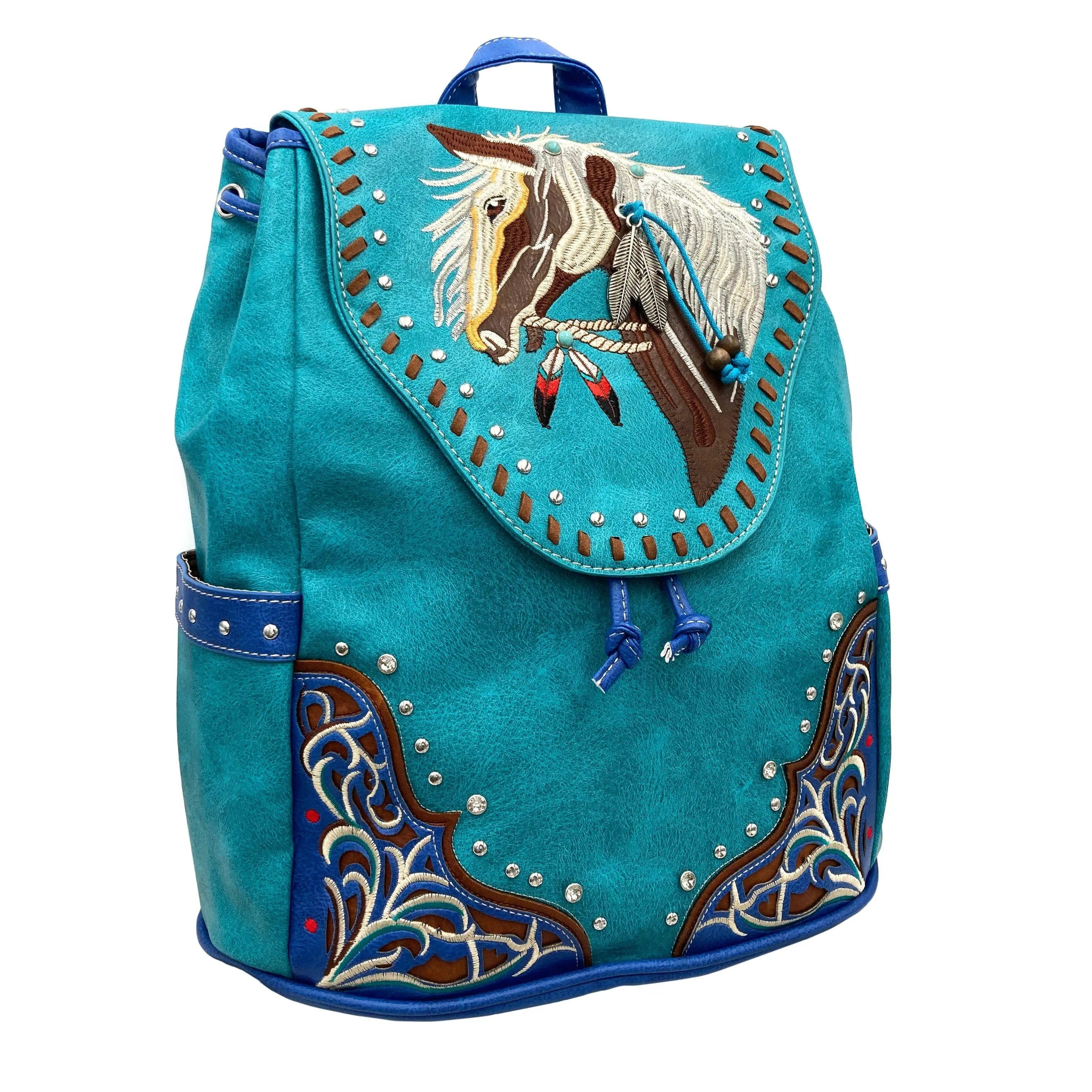 Women's Embroidered Horse Western Leather Backpack Turquoise handbag