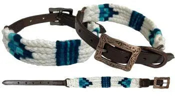 Corded Leather Dog Collar - Blue/White Dog