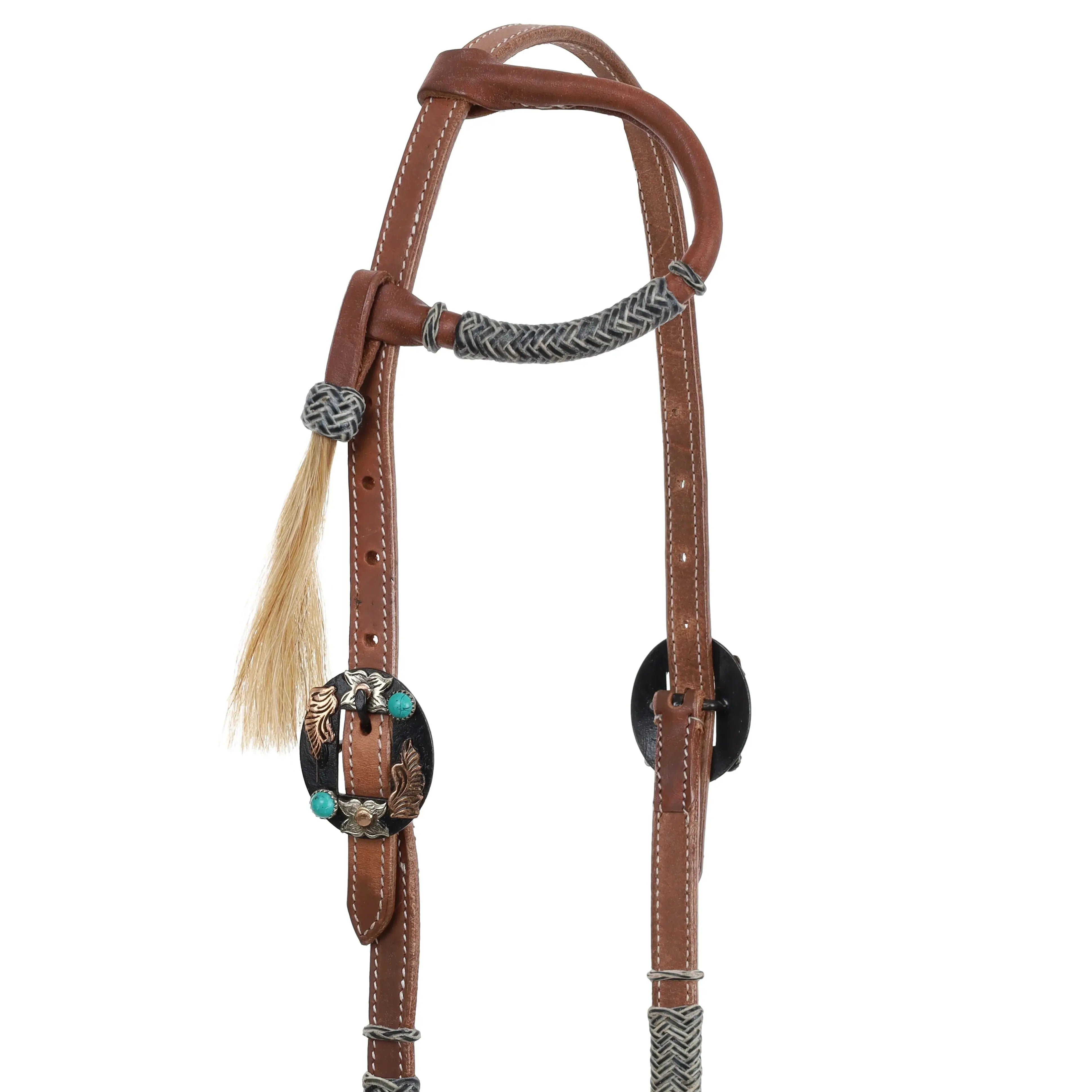 Argentina cow leather smoky rawhide one ear headstall with turquoise concho