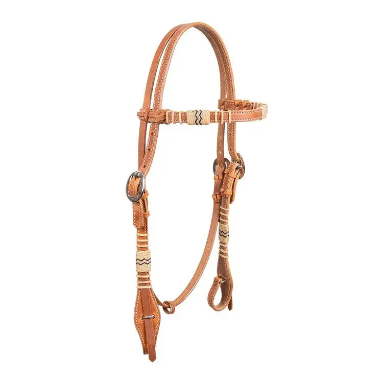 Tan leather browband rawhide harness headstall with woven accents, silver hardware