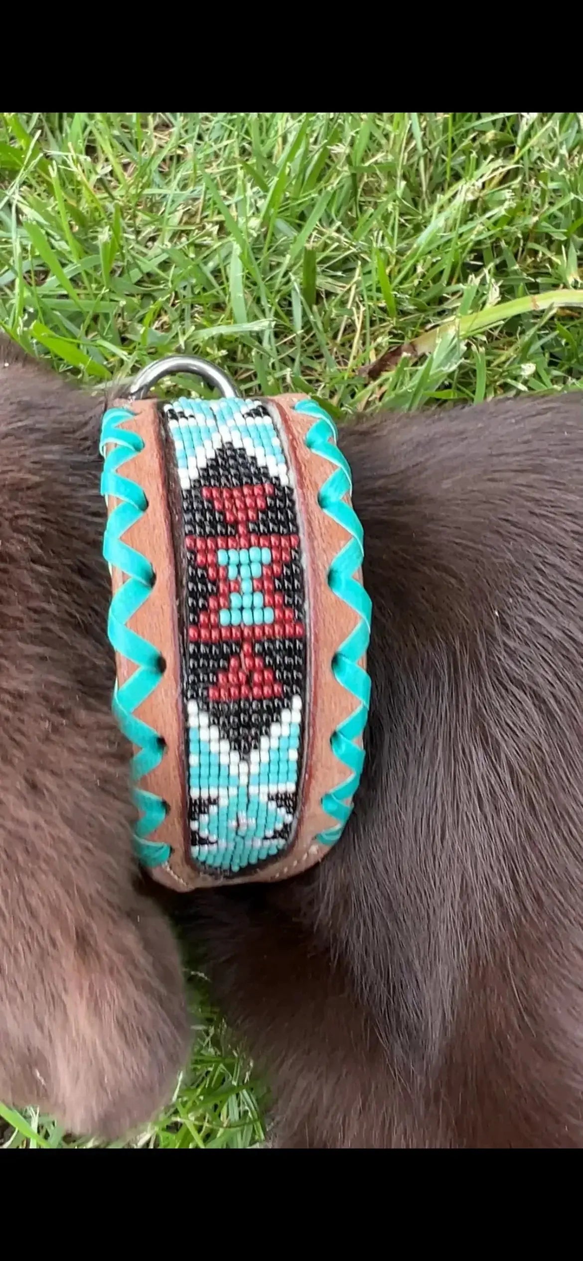 Genuine leather dog collar with turquoise, white, burgundy beaded geometric inlay
