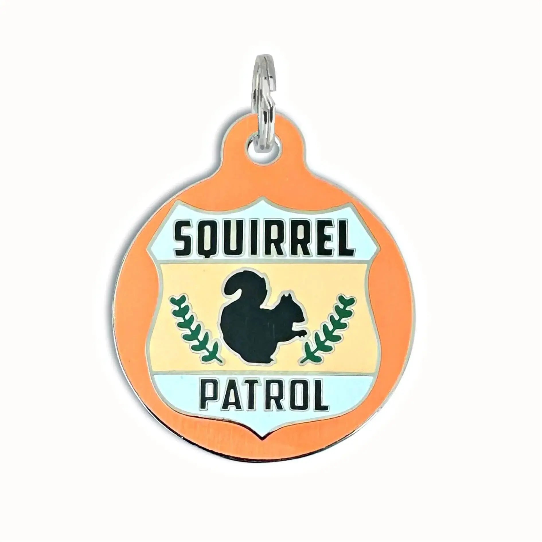 Dog ID Tag with Personalized QR Code - Squirrel Patrol Large 1.25" Orange Engraved QR Code