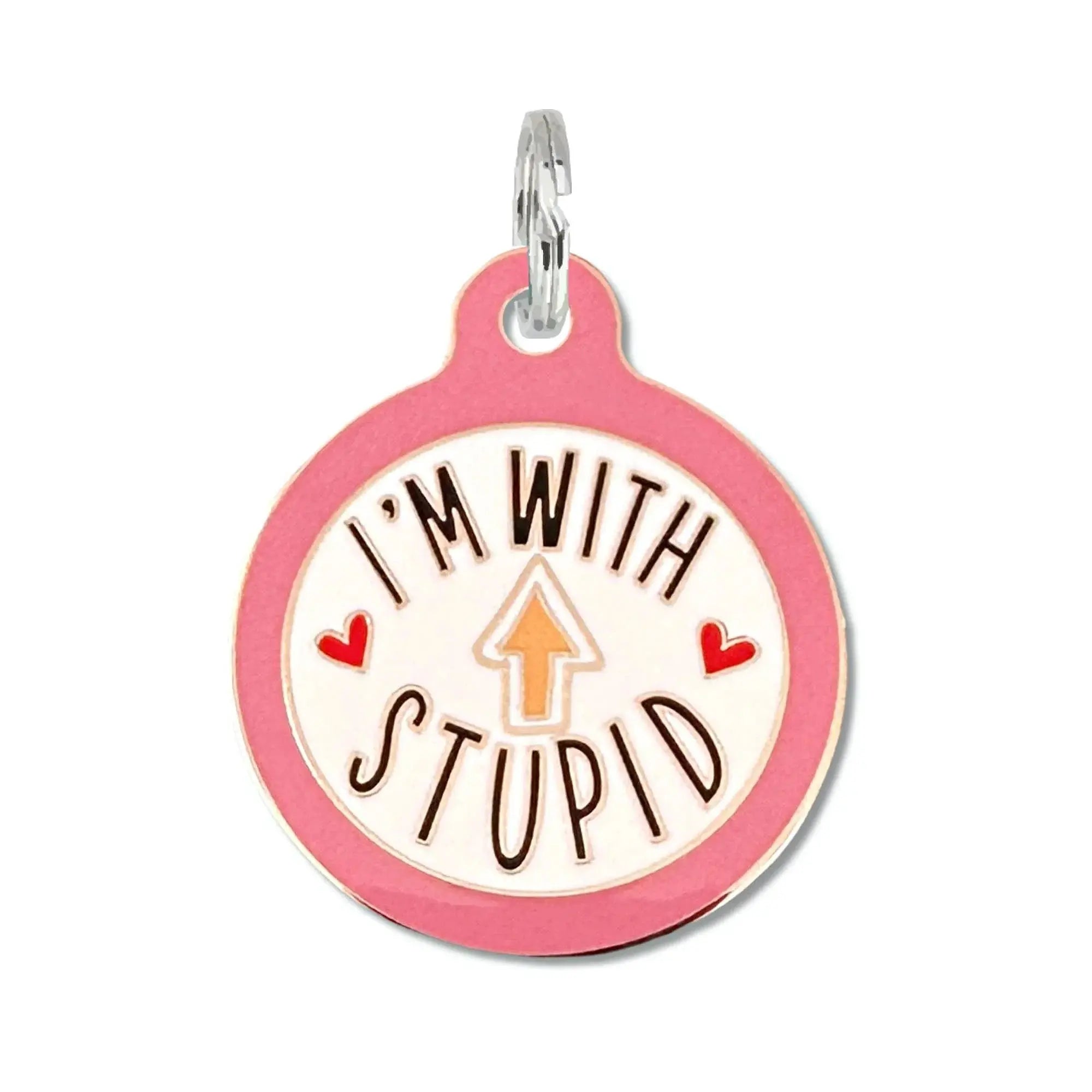 I'm with Stupid - Funny Dog ID Tag Dog Collar Charm Pink Engraved QR Code Large 1.25" Dog