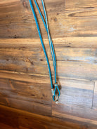 Blue braided turquoise romal reins with metal ring end, 20 plaits rawhide