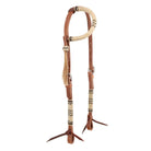 Argentina cow leather one ear headstall with tan leather, cream rope and black zigzag accents