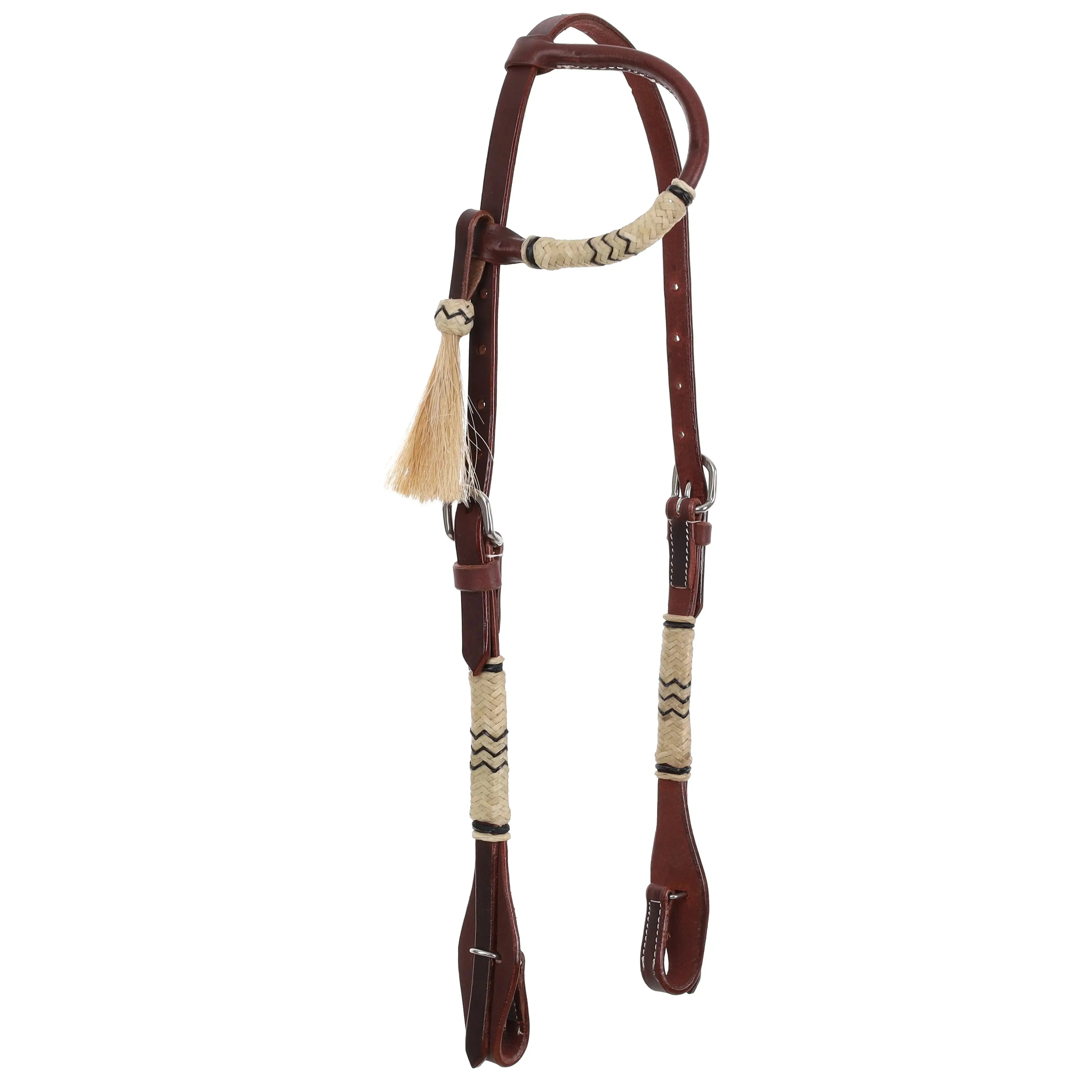 Argentina cow leather classic rawhide one ear headstall with cream braids and tassel