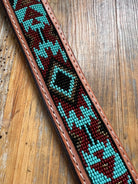 Turquoise and red Aztec tooled leather dog collar