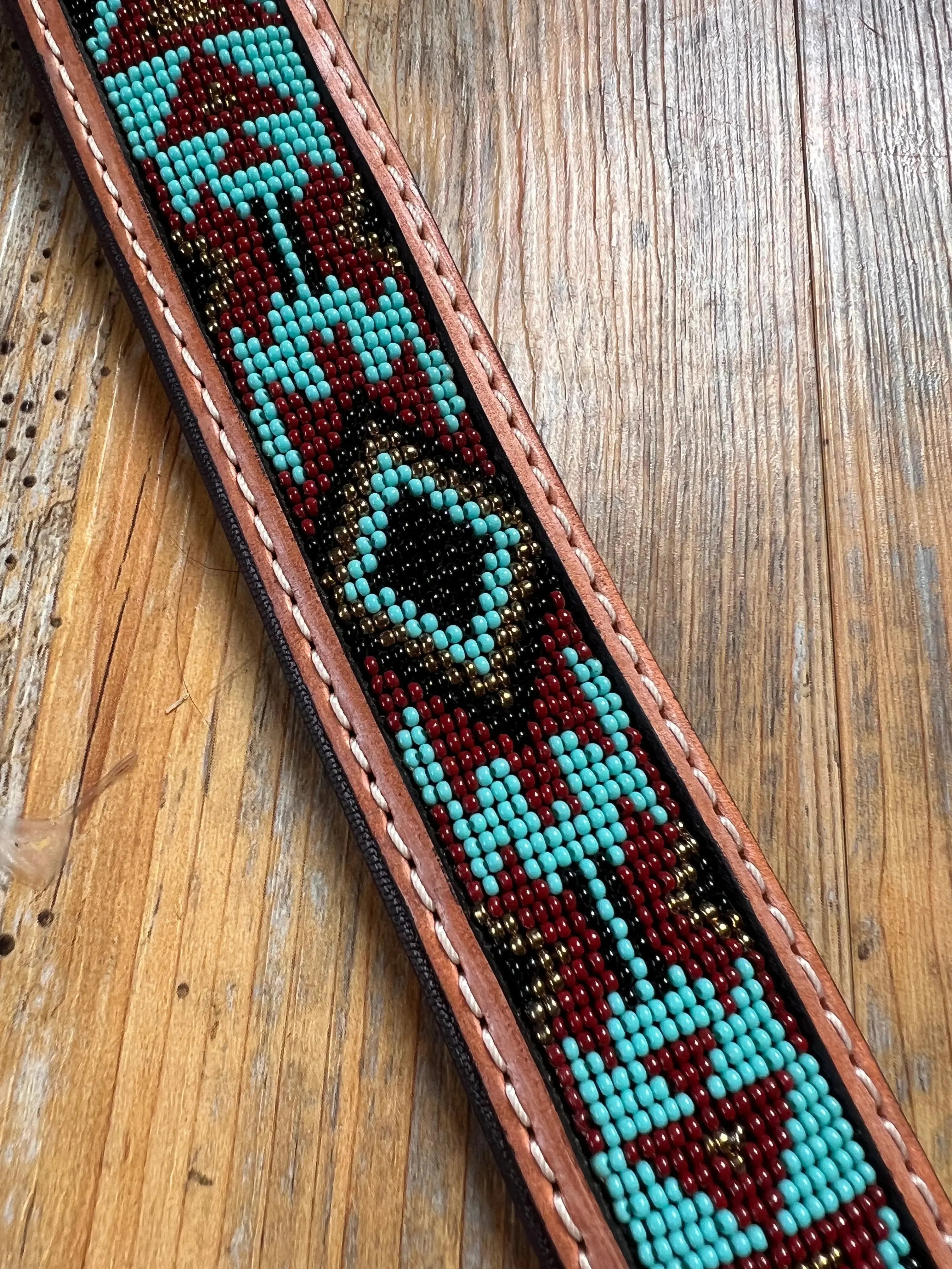 Turquoise and red Aztec tooled leather dog collar