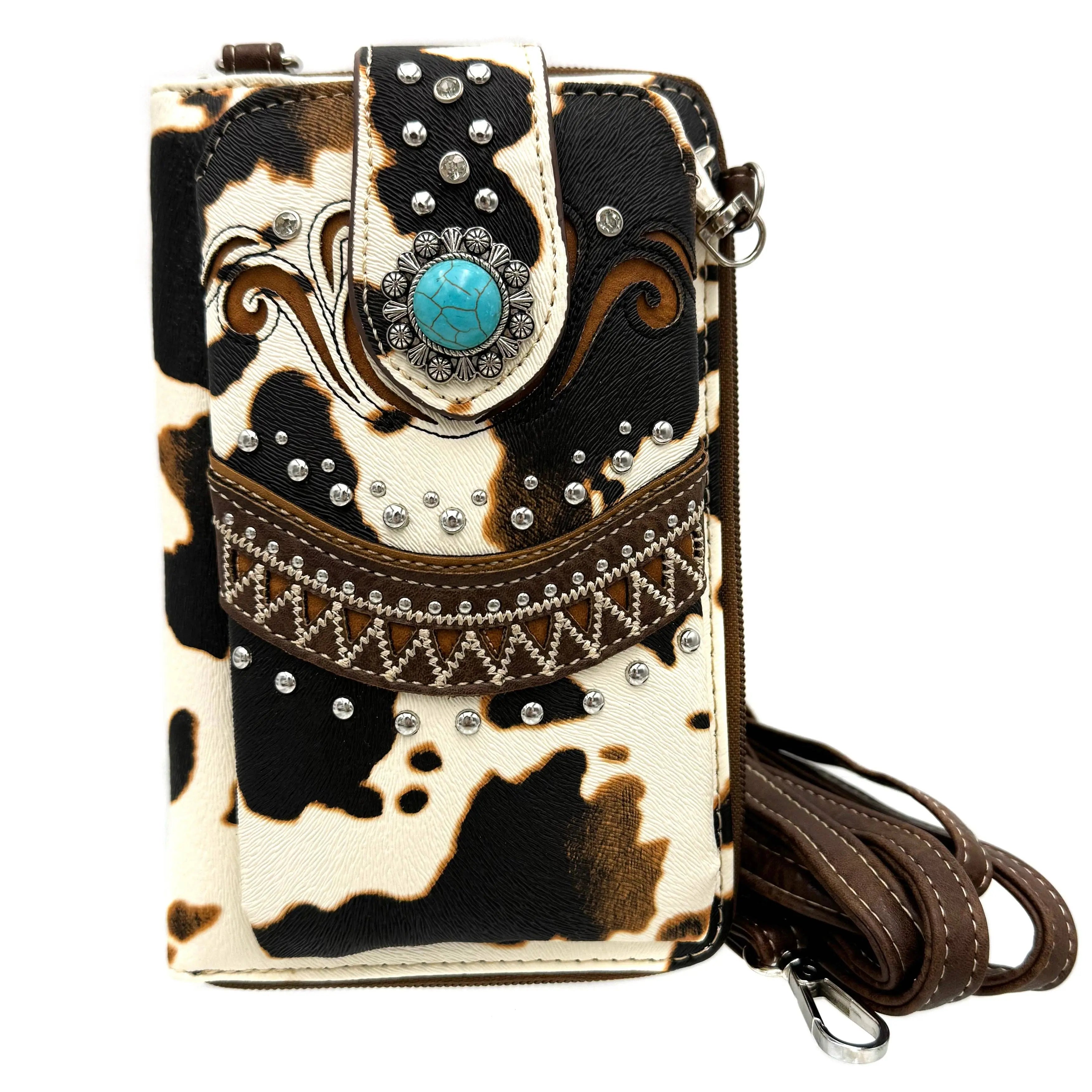Bella Cow Print Western Phone Wallet Brown handbag