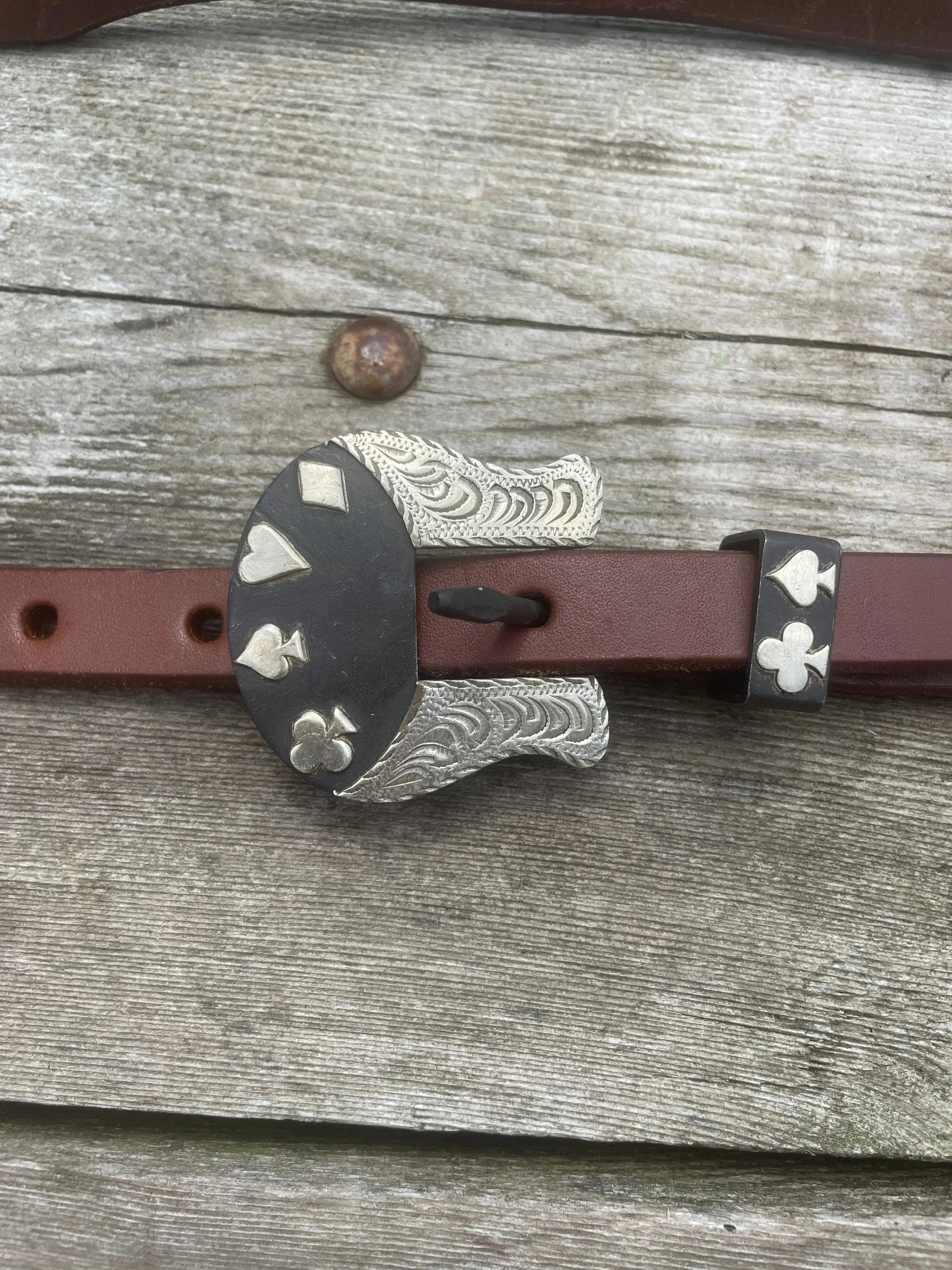 Oiled Harness Split Ear Headstall With Cowboy Gambler Buckle Horse