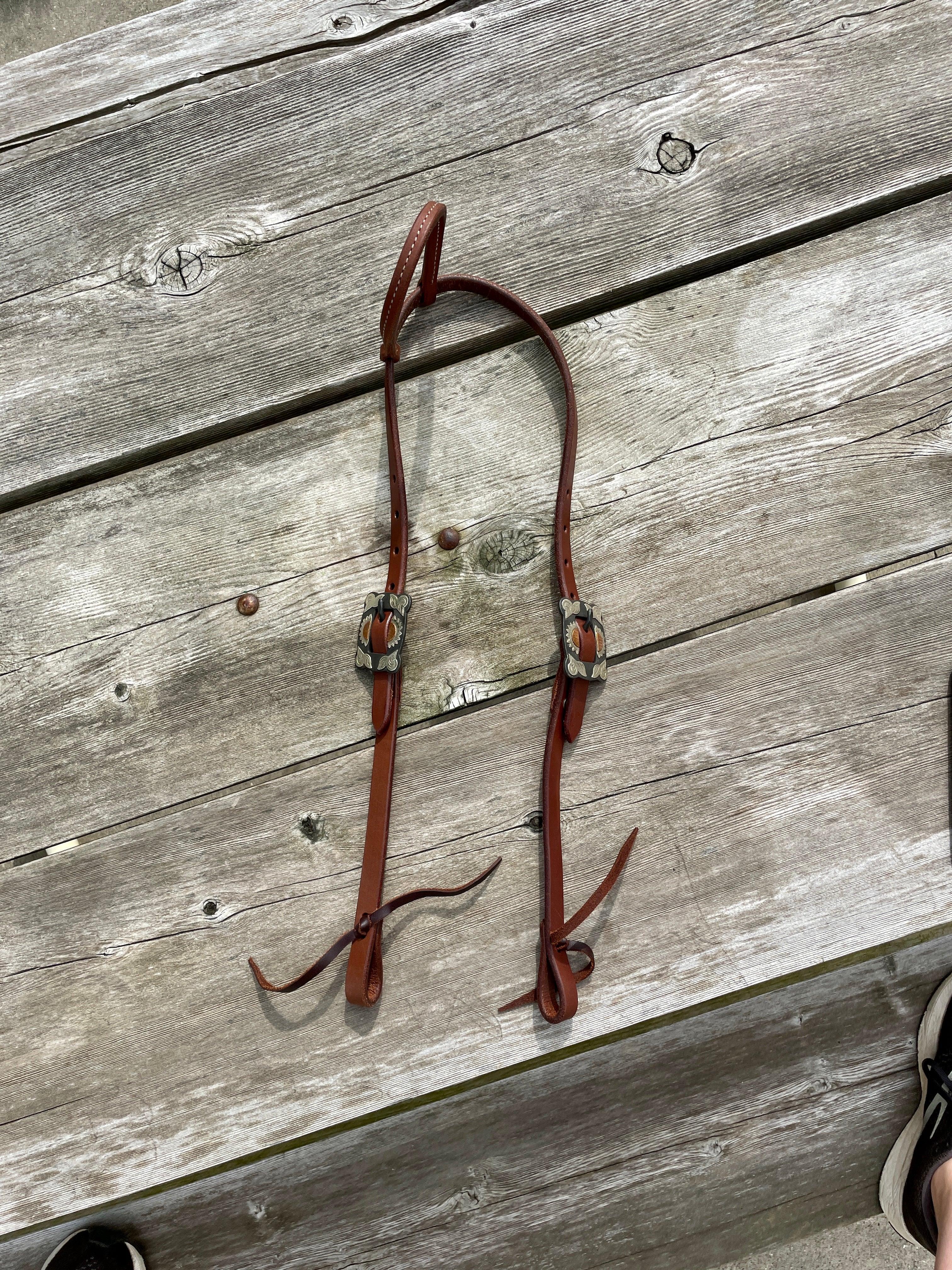 Oiled Harness Single Ear Headstall With Antique Sunflower Buckle Horse