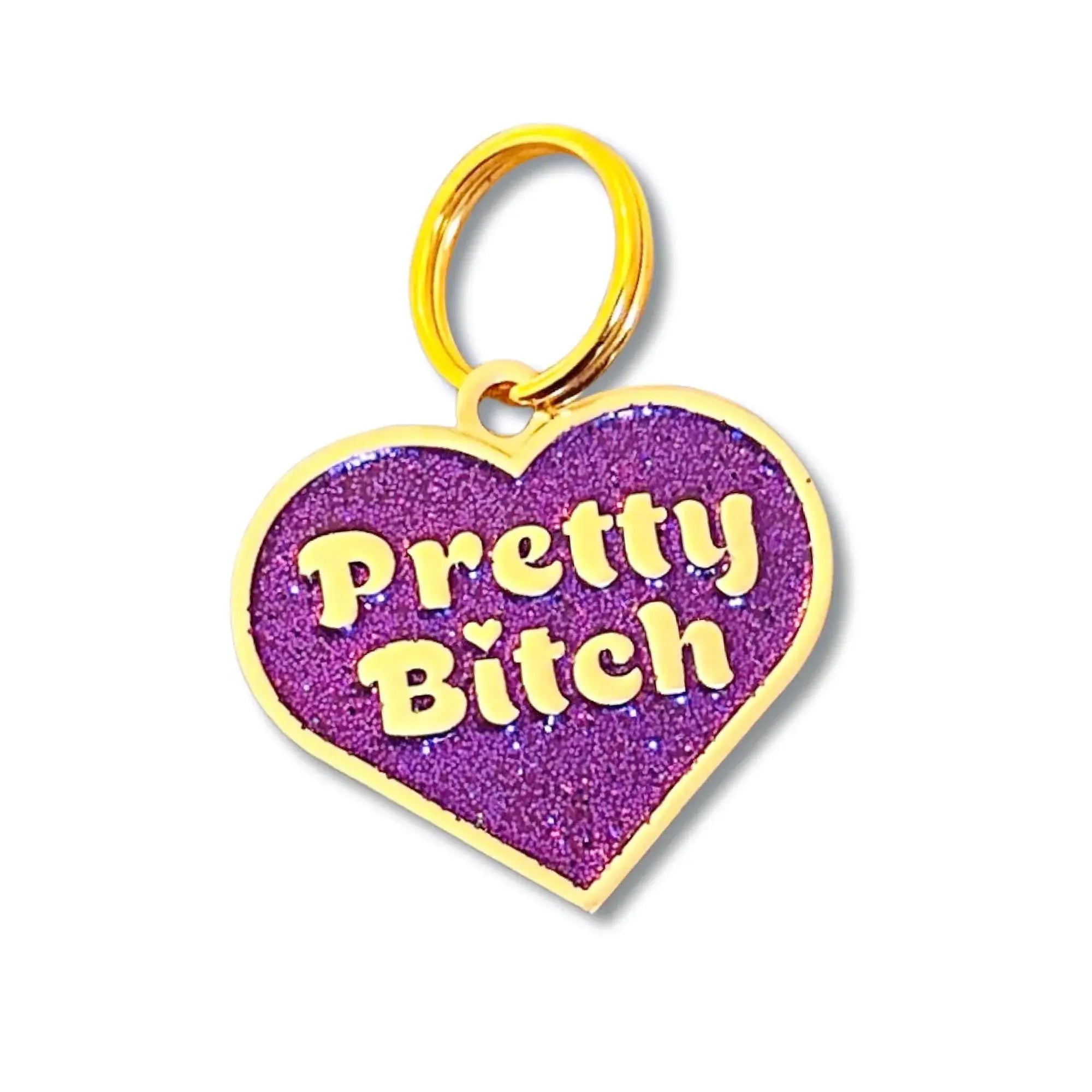 Glitter Dog ID Tag Gold Collar Charm - Pretty Bitch Engraved QR Code Purple Large 1.25" Dog