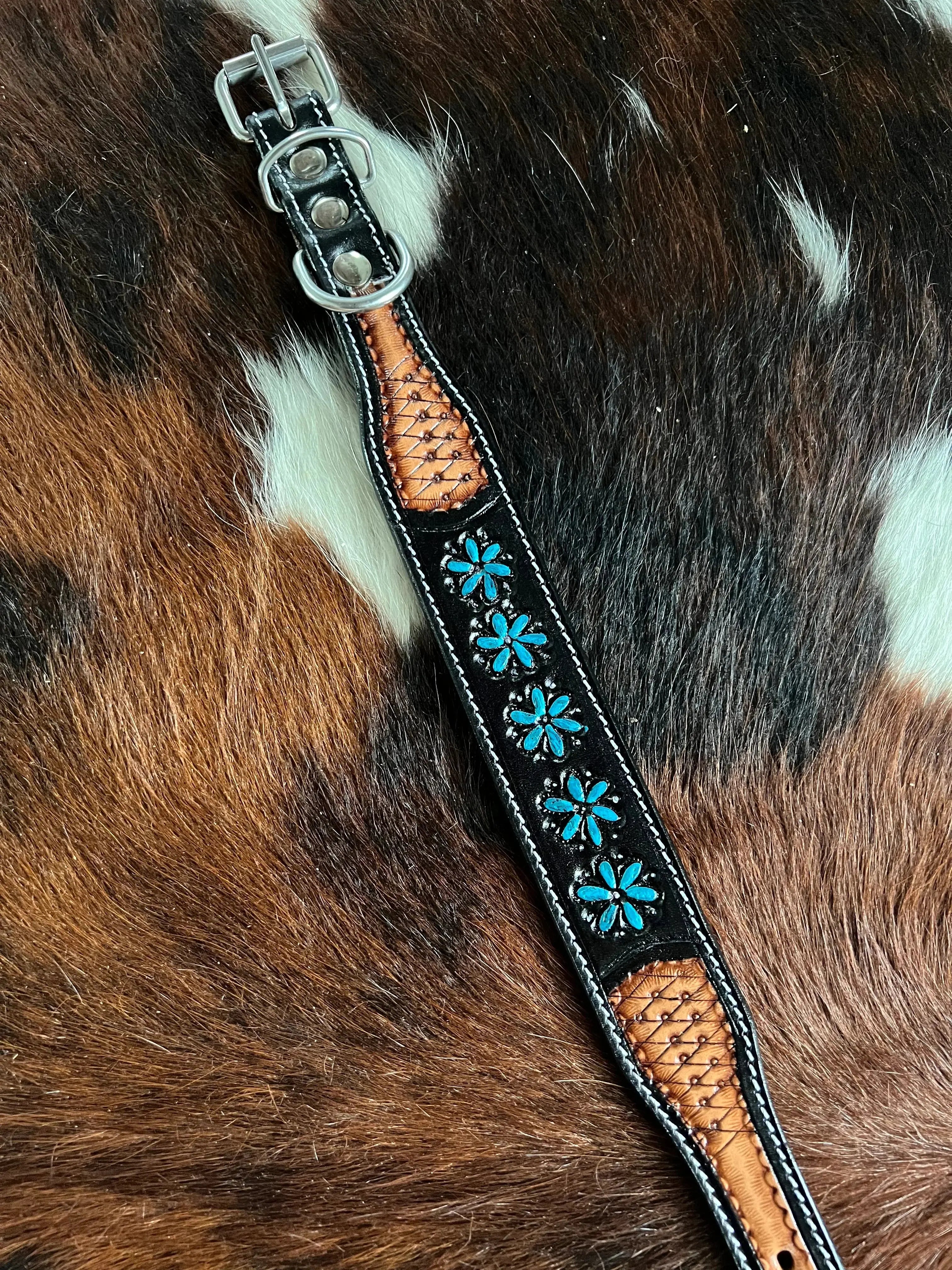 Leather Tooled Dog Collar with Squashblossoms Medium Dog