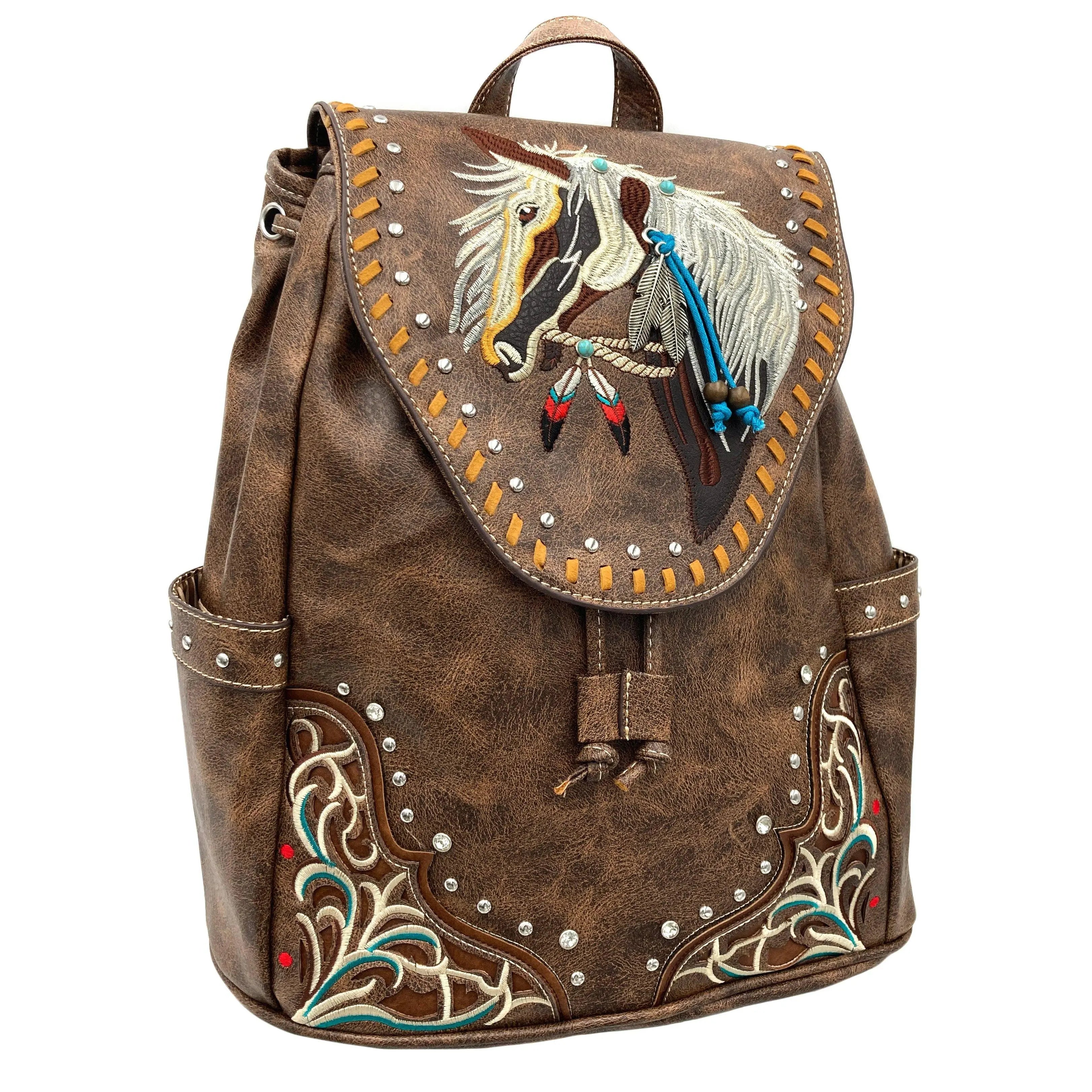 Women's Embroidered Horse Western Leather Backpack Brown handbag