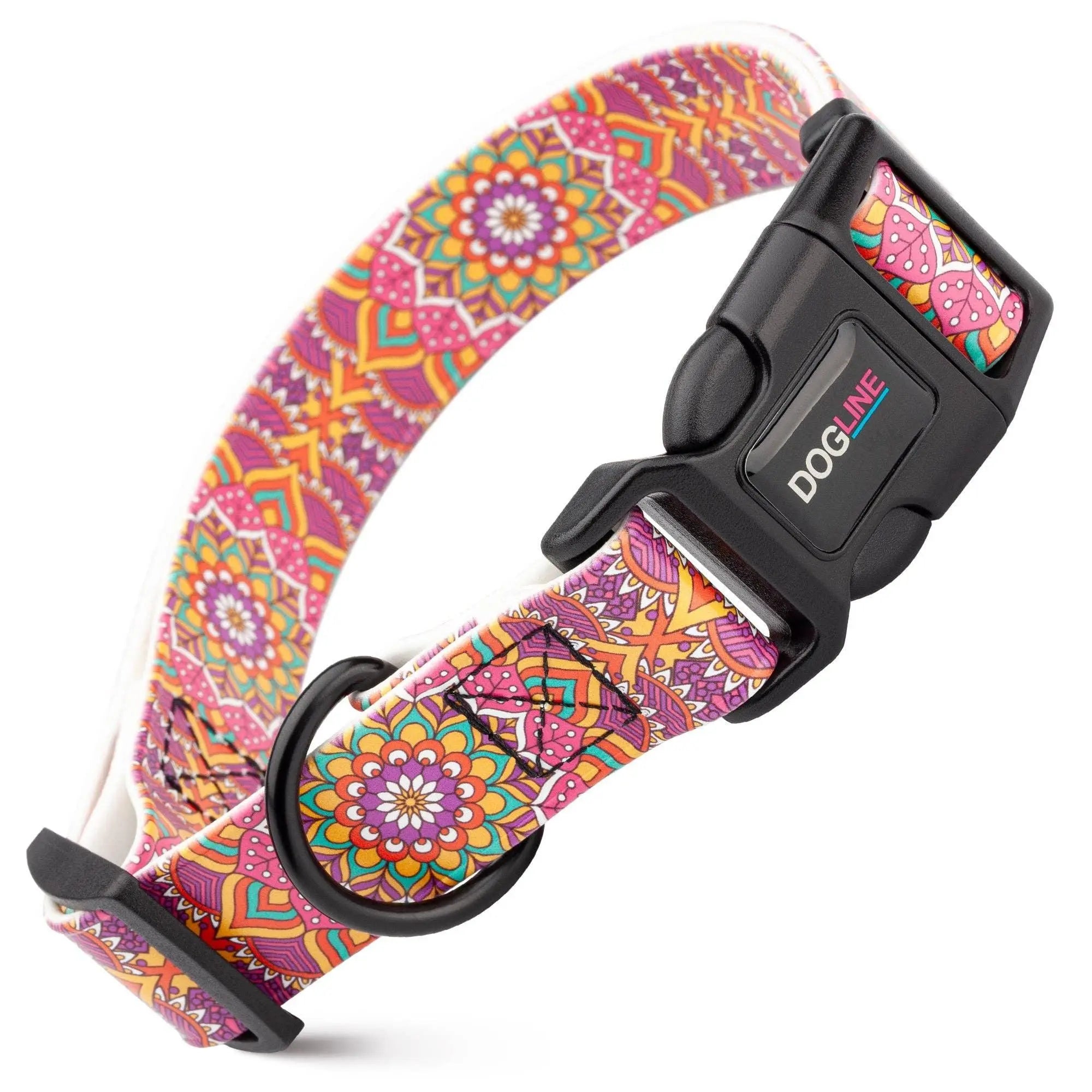 Dogline Biothane Printed Dog Collar with Quick Release Buckle Pink Mandala Dog