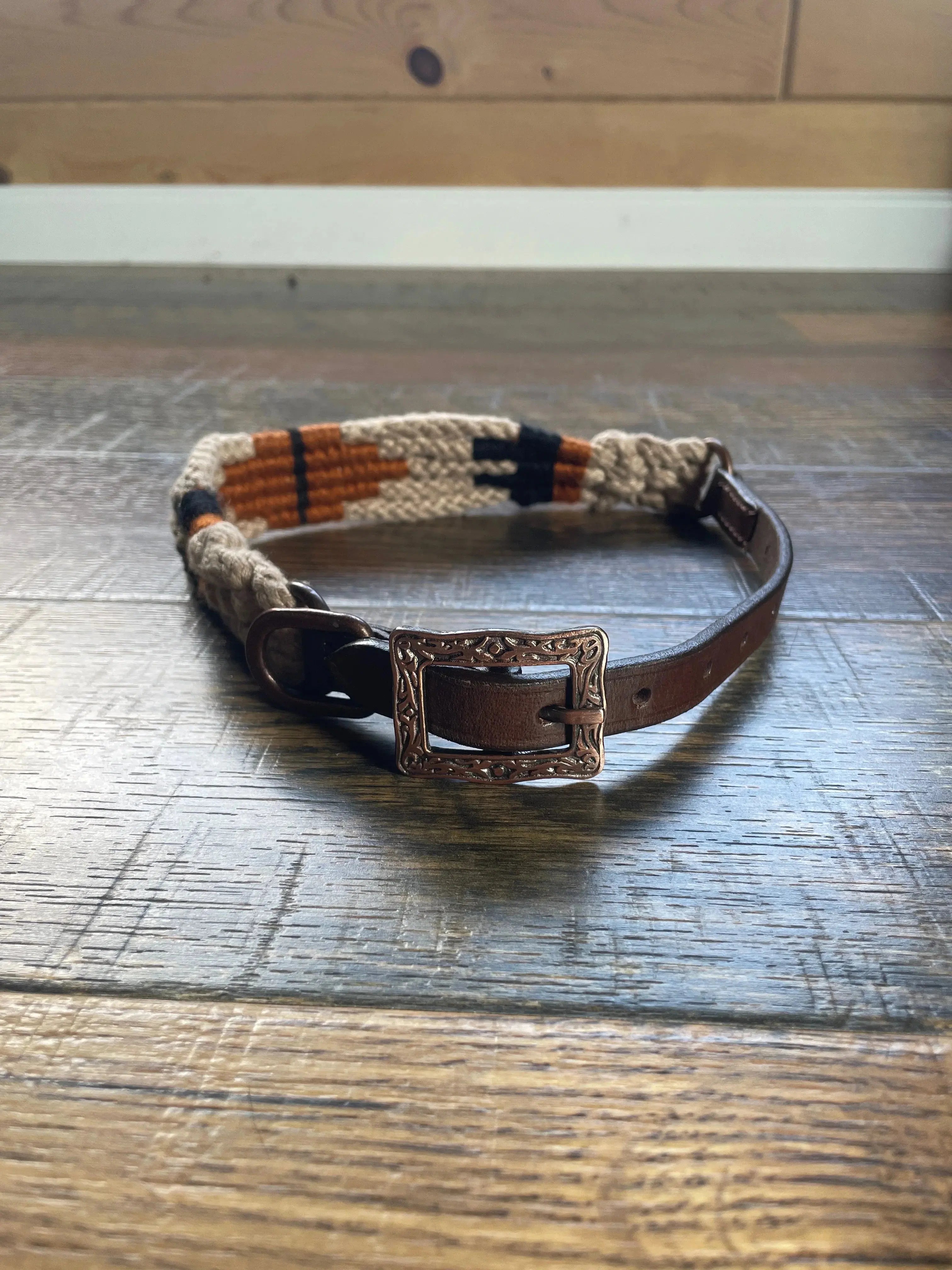 Corded Leather Dog Collar - Tan/Black Dog